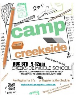 Deadline to preregister for Camp Creekside orientation for incoming 6th graders is August 2.